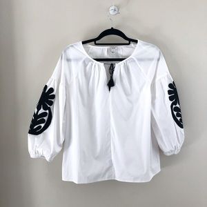 J Crew Embroidered White Top Balloon Sleeves